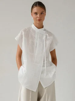 Chemise blanche à lacets pour femme col montant manches 3/4 style décontracté