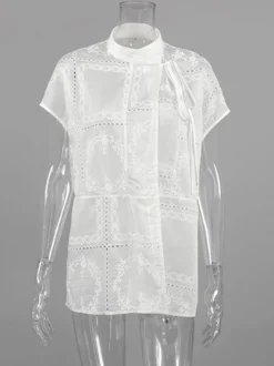 Chemise blanche à lacets pour femme col montant manches 3/4 style décontracté
