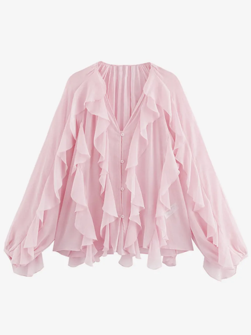 Chemise bordeaux pour femme col V manches longues boutons et volants style décontracté