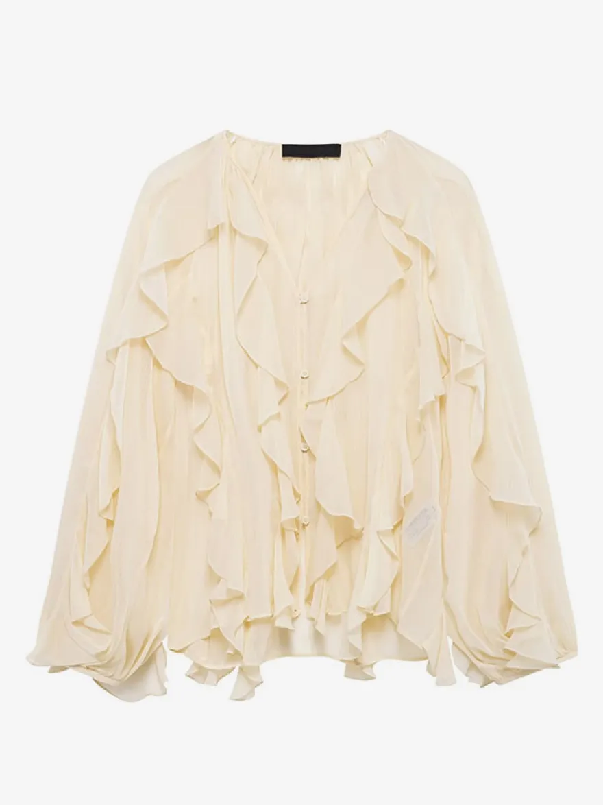 Chemise bordeaux pour femme col V manches longues boutons et volants style décontracté