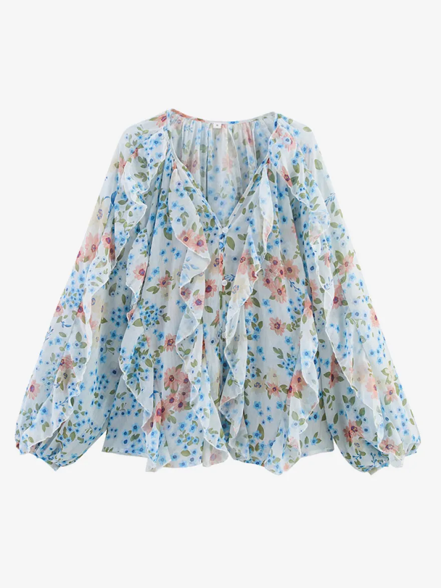 Chemise bordeaux pour femme col V manches longues boutons et volants style décontracté