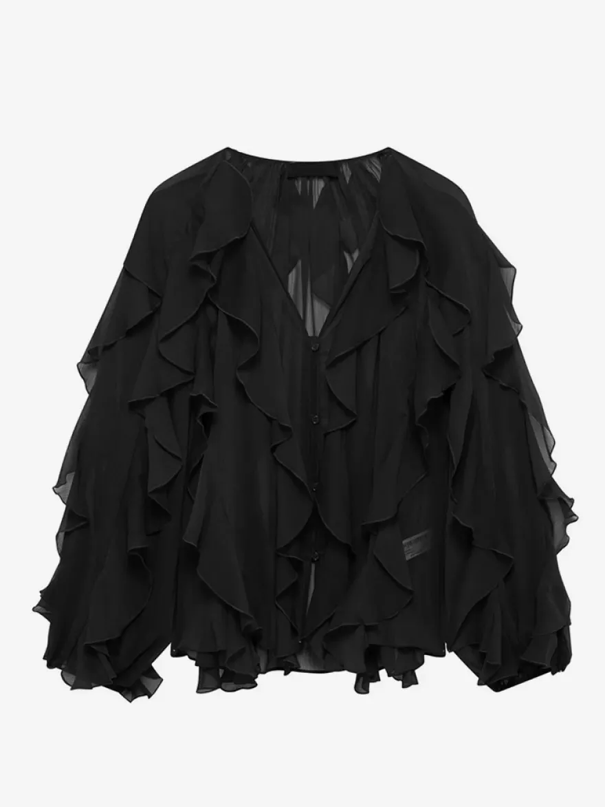 Chemise bordeaux pour femme col V manches longues boutons et volants style décontracté