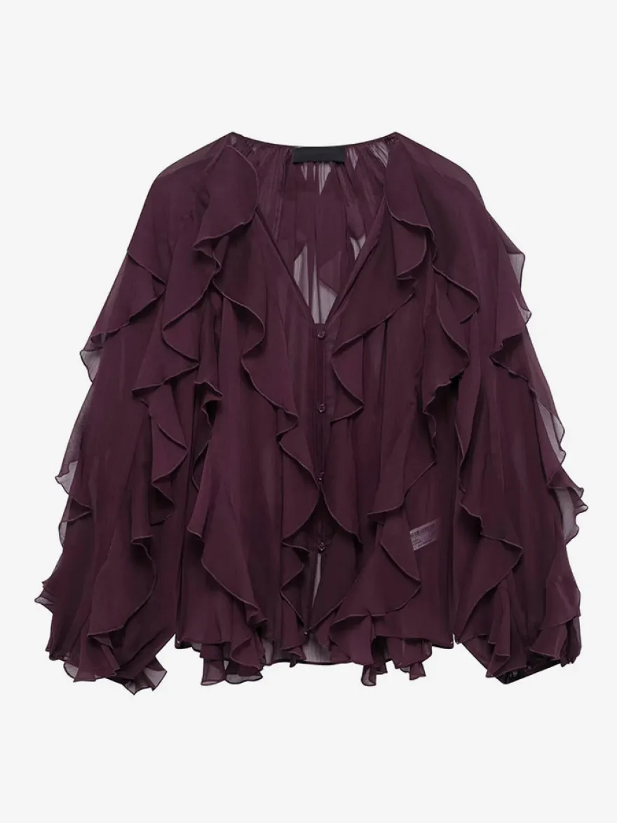 Chemise bordeaux pour femme col V manches longues boutons et volants style décontracté