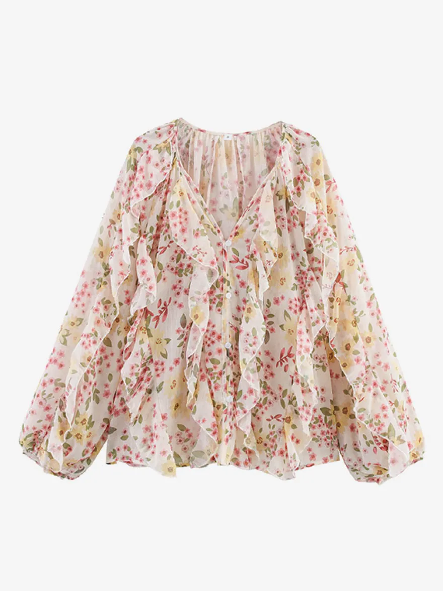 Chemise bordeaux pour femme col V manches longues boutons et volants style décontracté