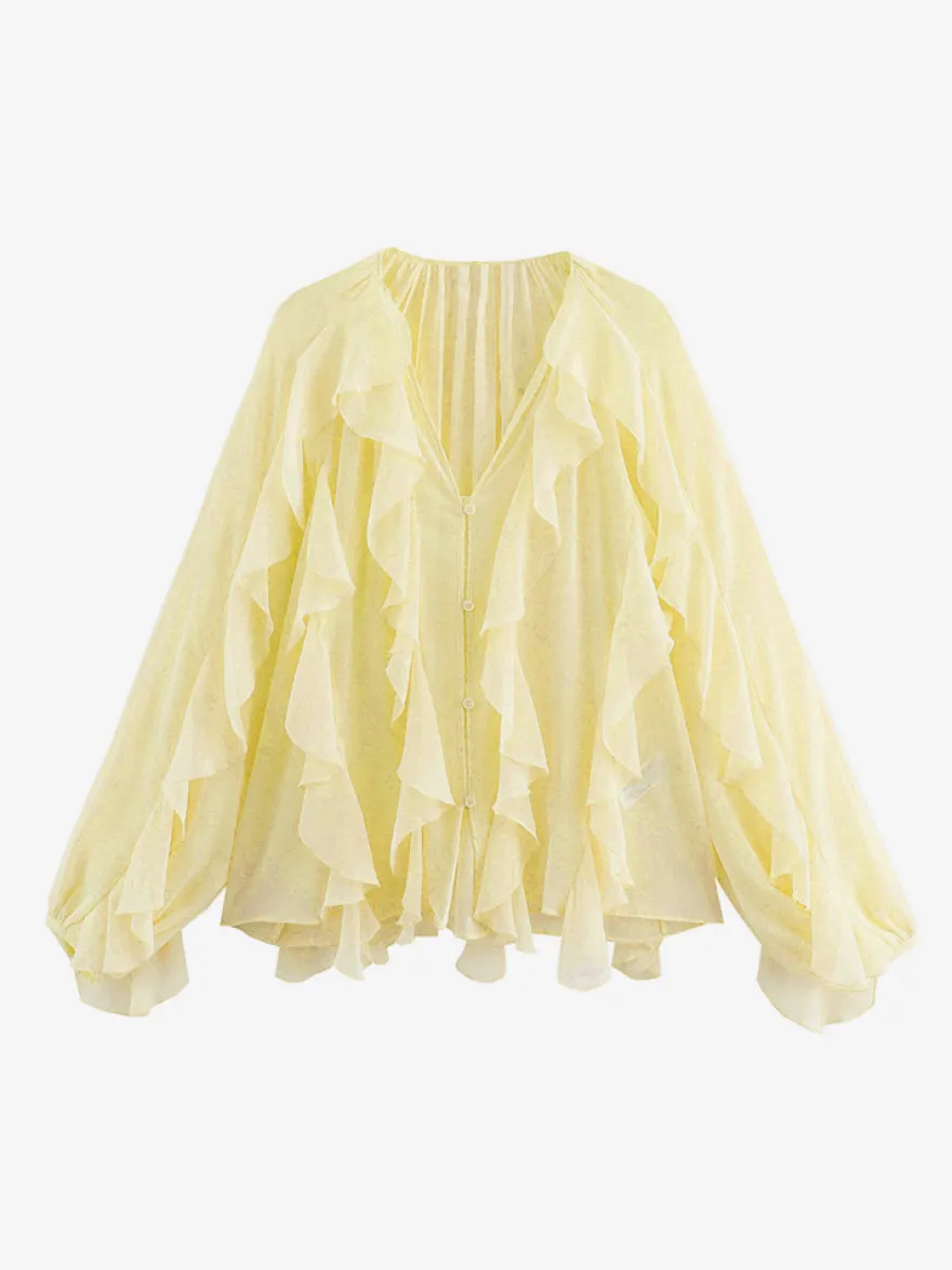Chemise bordeaux pour femme col V manches longues boutons et volants style décontracté