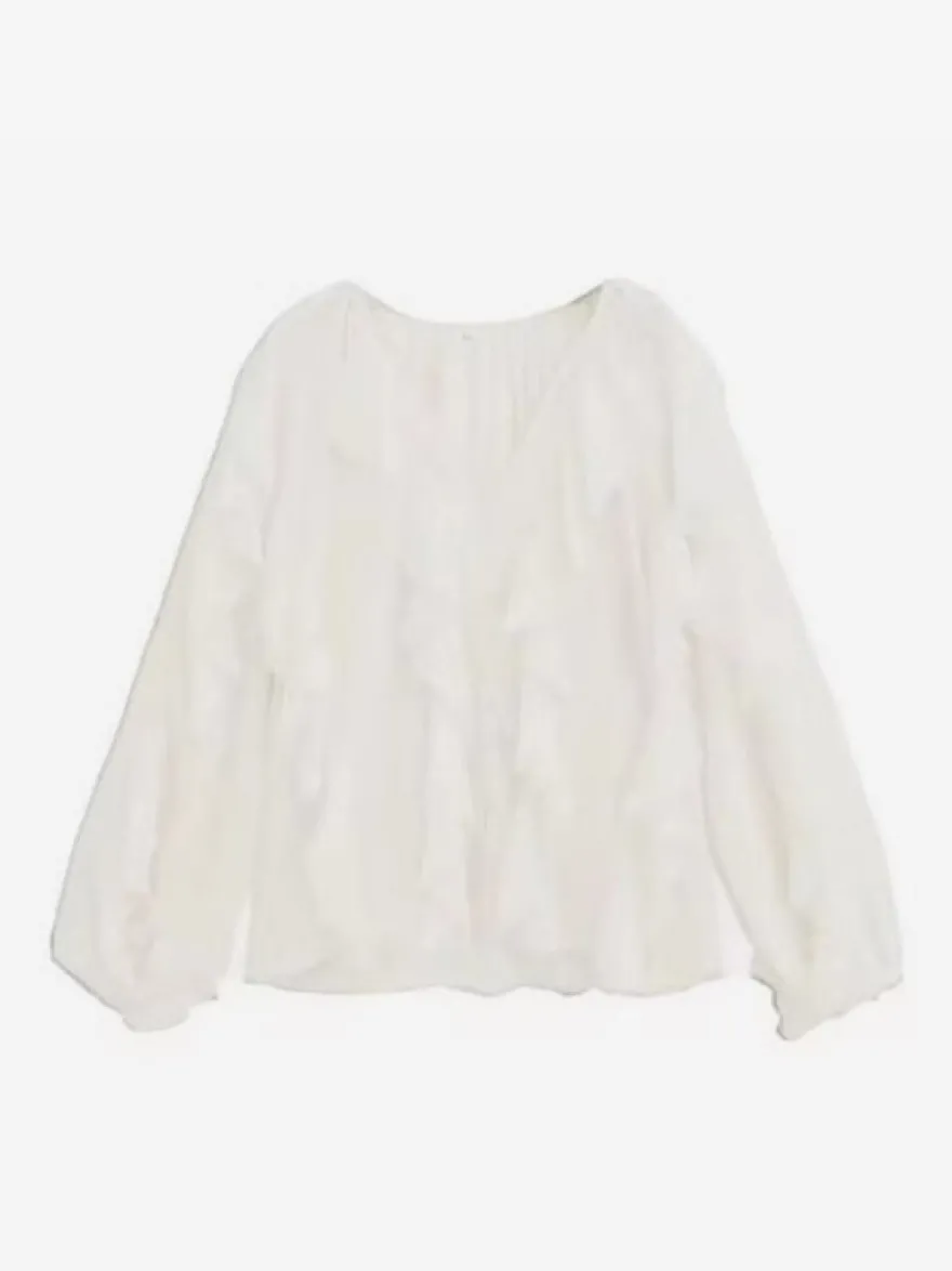 Chemise bordeaux pour femme col V manches longues boutons et volants style décontracté