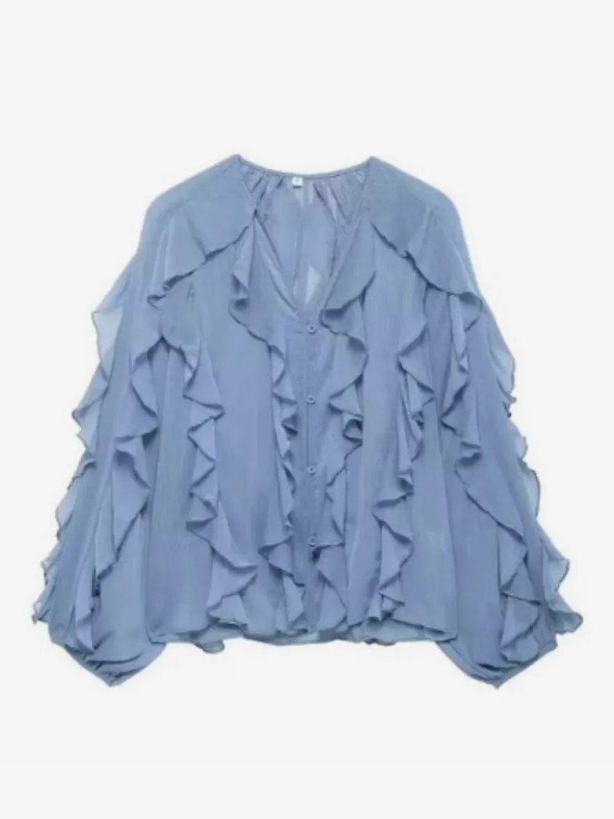 Chemise bordeaux pour femme col V manches longues boutons et volants style décontracté