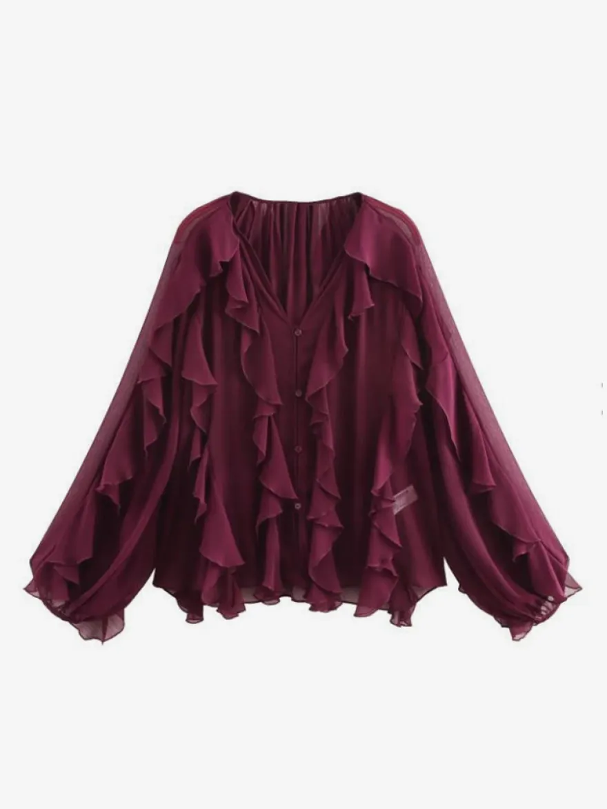 Chemise bordeaux pour femme col V manches longues boutons et volants style décontracté