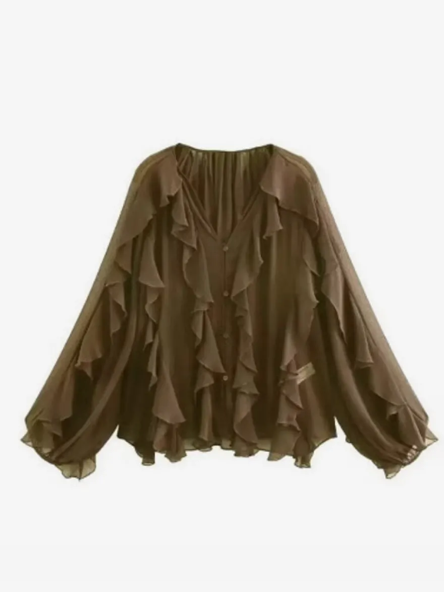 Chemise bordeaux pour femme col V manches longues boutons et volants style décontracté