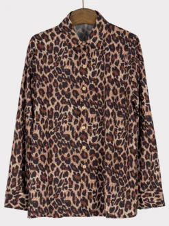 Chemise Décontractée Col Rabattu Simple Imprimé Léopard Café Marron