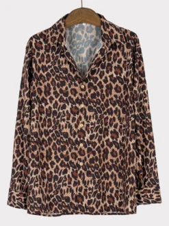 Chemise Décontractée Col Rabattu Simple Imprimé Léopard Café Marron