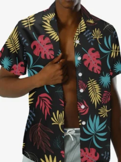 Chemise Décontractée Hommes Manches Courtes Imprimées Noires Vacances Hawaï