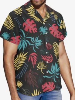 Chemise Décontractée Hommes Manches Courtes Imprimées Noires Vacances Hawaï