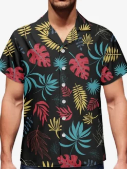 Chemise Décontractée Hommes Manches Courtes Imprimées Noires Vacances Hawaï