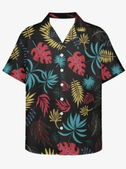 Chemise Décontractée Hommes Manches Courtes Imprimées Noires Vacances Hawaï
