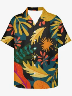 Chemise Décontractée Hommes Manches Courtes Imprimées Noires Jaunes Vacances Hawaï