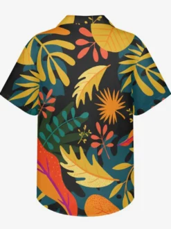 Chemise Décontractée Hommes Manches Courtes Imprimées Noires Jaunes Vacances Hawaï