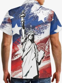 Chemise Décontractée Hommes Manches Courtes Imprimées Statue de la Liberté Bleues Vacances
