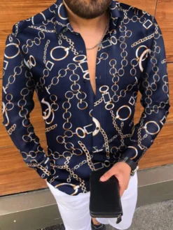 Chemise Décontractée Imprimée Chaînes Marine Foncé Chemises Homme