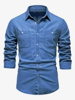 Chemise Décontractée Manches Longues Hommes Couleur Unie Coupe Cintrée En Denim