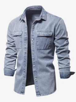 Chemise Décontractée Manches Longues Hommes Couleur Unie Coupe Cintrée En Denim