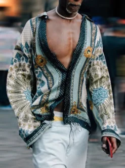 Chemise décontractée pour homme à col rabattu Chemises homme bleu bébé imprimées classiques