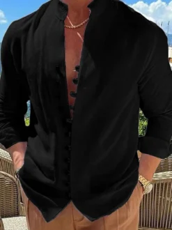 Chemise décontractée pour homme col montant manches longues chemises décontractées en lin pour hommes