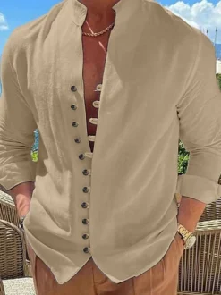 Chemise décontractée pour homme col montant manches longues chemises décontractées en lin pour hommes