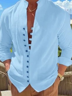 Chemise décontractée pour homme col montant manches longues chemises décontractées en lin pour hommes
