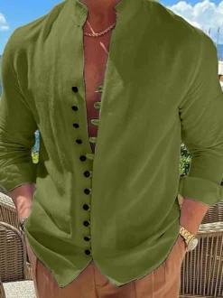 Chemise décontractée pour homme col montant manches longues chemises décontractées en lin pour hommes