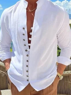 Chemise décontractée pour homme col montant manches longues chemises décontractées en lin pour hommes