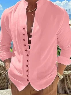 Chemise décontractée pour homme col montant manches longues chemises décontractées en lin pour hommes