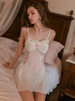Chemise de nuit en dentelle et résille nuisette à volants mini-robe transparente lingerie sexy pour femme vêtements de nuit