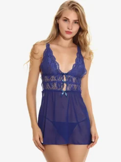 Chemise de nuit en tulle bleu roi pour femme nœuds imprimé floral dos nu lingerie pyjama vêtements de nuit