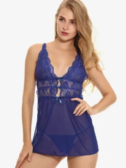 Chemise de nuit en tulle bleu roi pour femme nœuds imprimé floral dos nu lingerie pyjama vêtements de nuit