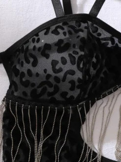 Chemise de nuit noire en polyester à lacets et imprimé léopard lingerie sculptante pour femme