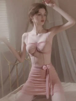 Chemise de nuit rose pour femme corset en maille transparente lavande robe de lingerie