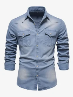 Chemise En Jean Décontractée À Manches Longues Homme Couleur Unie Coupe Cintrée