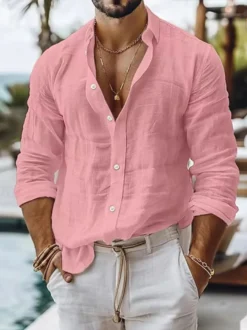 Chemise en lin pour homme été boutonnée couleur unie manches longues style décontracté.