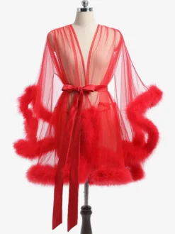 Chemise Femme Rose Polyester Plumes Rayures Lingerie Transparente