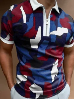 Chemise Hommes Polo Collier De Coupe courte À Manches courtes Zipper Fit Bleu Polo Shirts