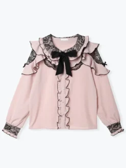Chemise Lolita en dentelle col rond volants manches longues ruban décoré
