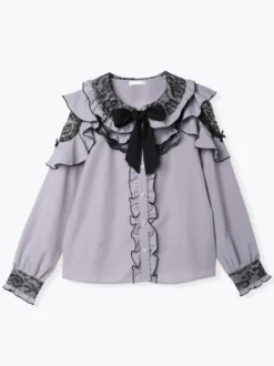 Chemise Lolita en dentelle col rond volants manches longues ruban décoré