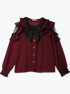 Chemise Lolita en dentelle col rond volants manches longues ruban décoré