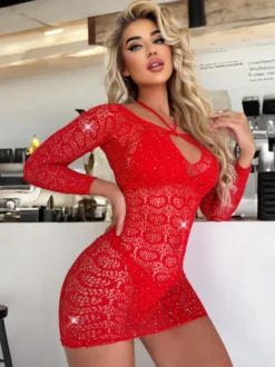 Chemise noire en nylon strass lingerie vêtements de soirée nuisette