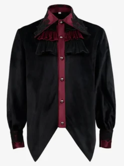 Chemise Noir Vintage Gothique Top Rétro Volants Dentelle Manches Longues Polyester Fibre Rétro Costumes Pour Homme