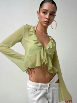 Chemise pour femme verte en polyester col en V plissée décontractée à lacets manches longues