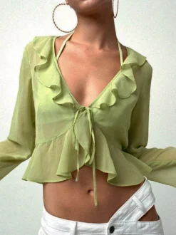 Chemise pour femme verte en polyester col en V plissée décontractée à lacets manches longues