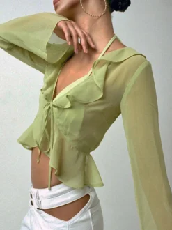 Chemise pour femme verte en polyester col en V plissée décontractée à lacets manches longues