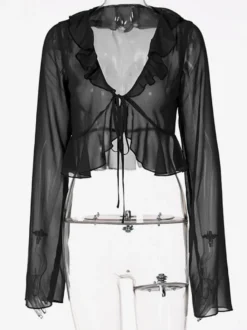 Chemise pour femme verte en polyester col en V plissée décontractée à lacets manches longues
